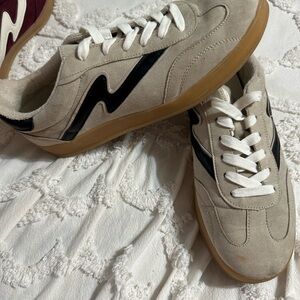 Madden Girl Beige Suede Sneakers with Black Accent and Gum Sole